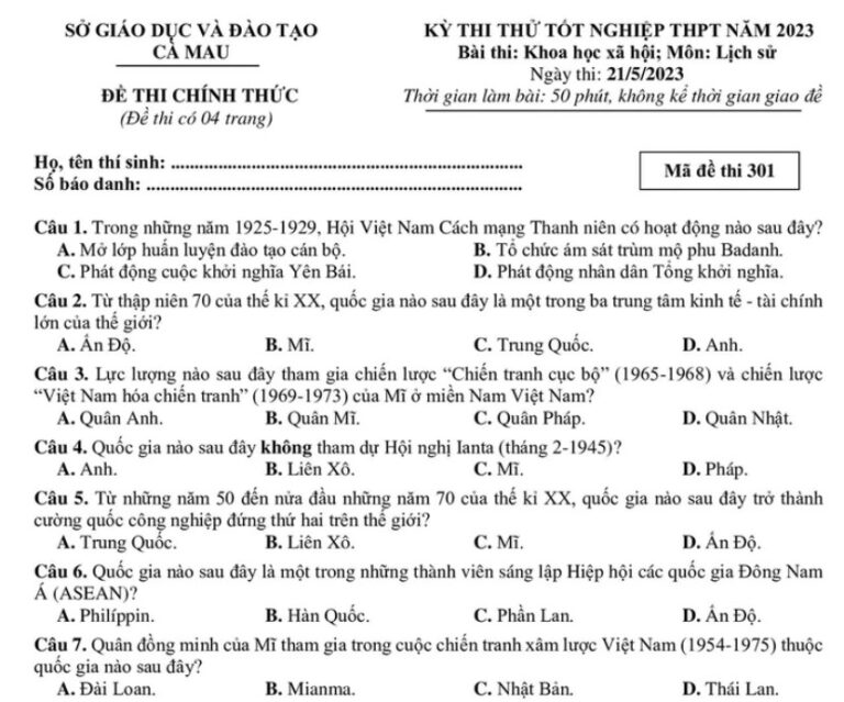 Đáp án đề thi thử Cà Mau 2023